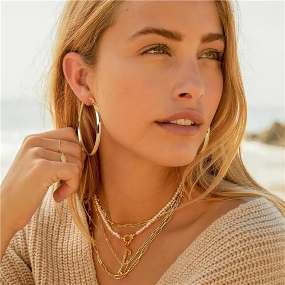 5mm Wide Gold Hoop Earrings for Women,Sterling Silver Hoop Earrings Large Hoop - Picture 2 of 7